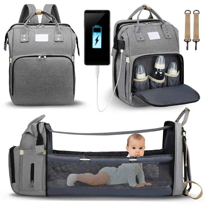 Multifunctional Portable Diaper Bag with USB & Folding Baby Bed